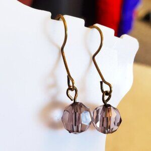 Bronze Hook Purple Plastic Bead Dangle Earrings